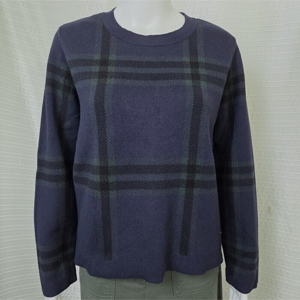 Unique Anne Klein Plaid Sweater Crewneck Women’s L Navy Green Short Boxy Fit